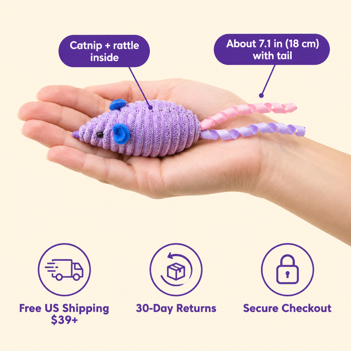 LitterBond Textured Catnip Mouse Trios in hand: About 7.1 in (18 cm) with tail; free US shipping on $39+, 30-day returns