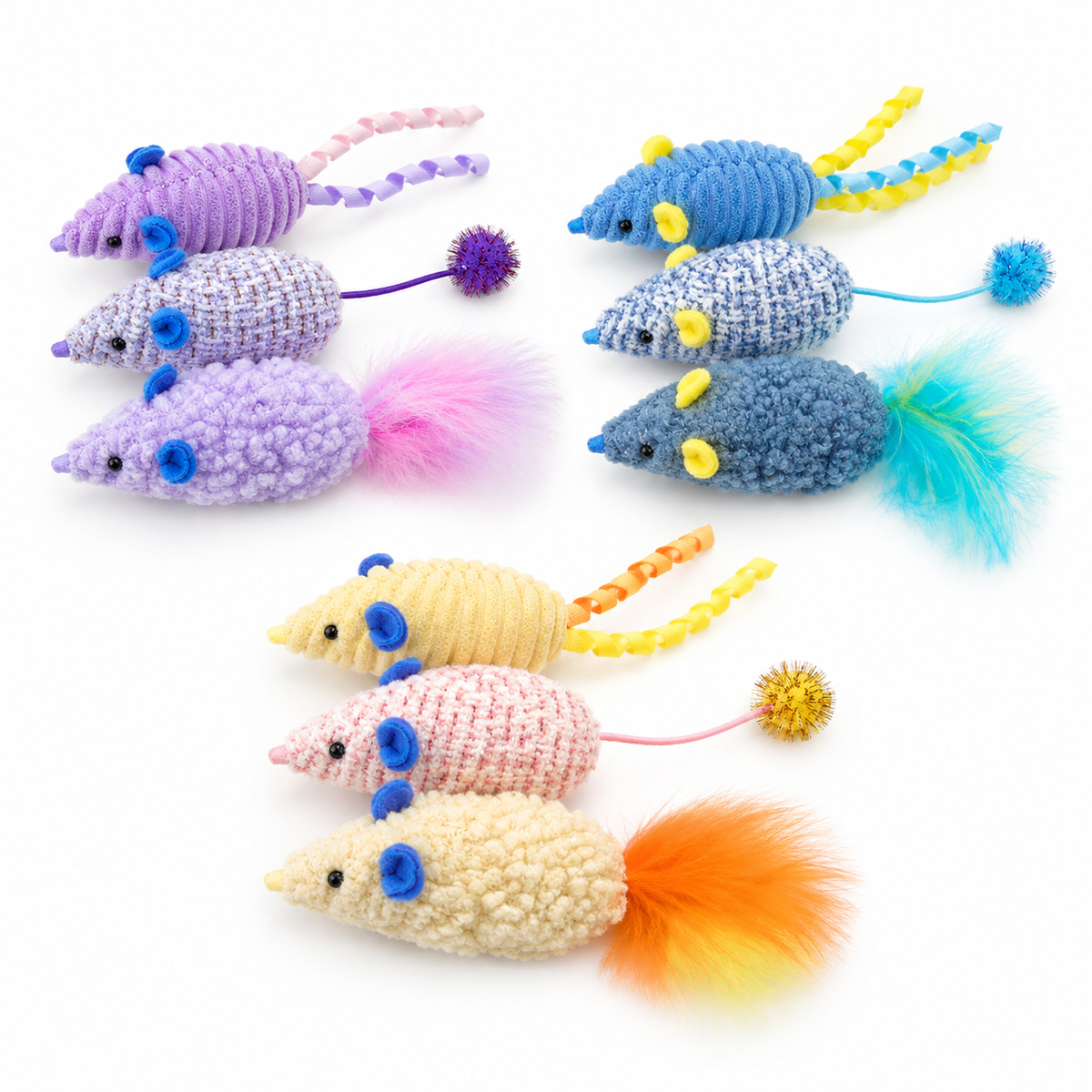 LitterBond Textured Catnip Mouse Trios, assorted 3 sets (9 mice) on a white background