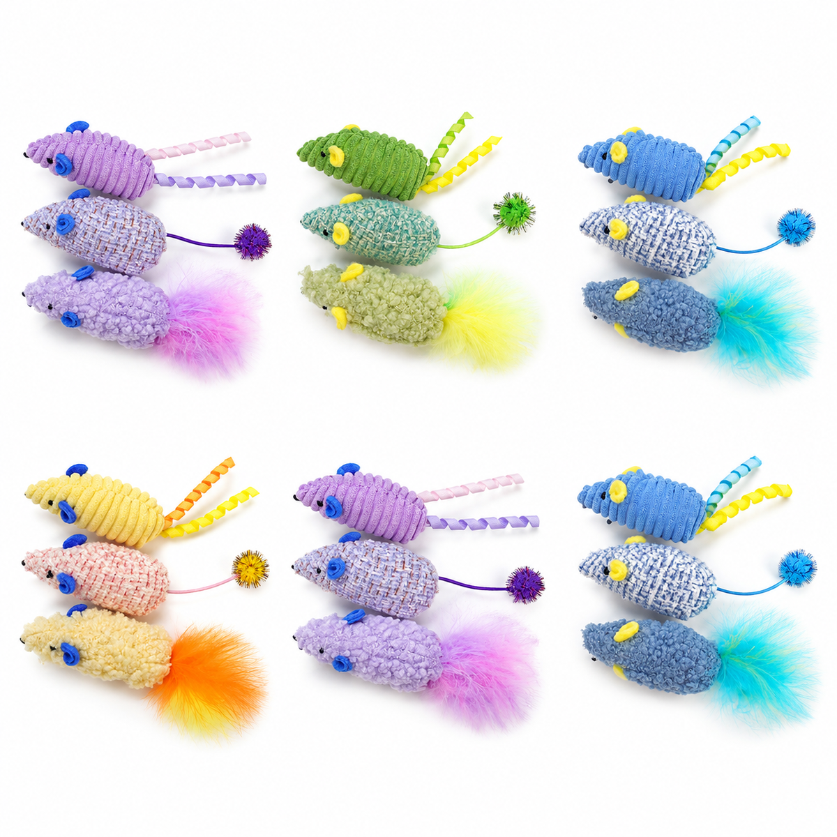 LitterBond Textured Catnip Mouse Trios, assorted 6 sets (18 mice) on a white background