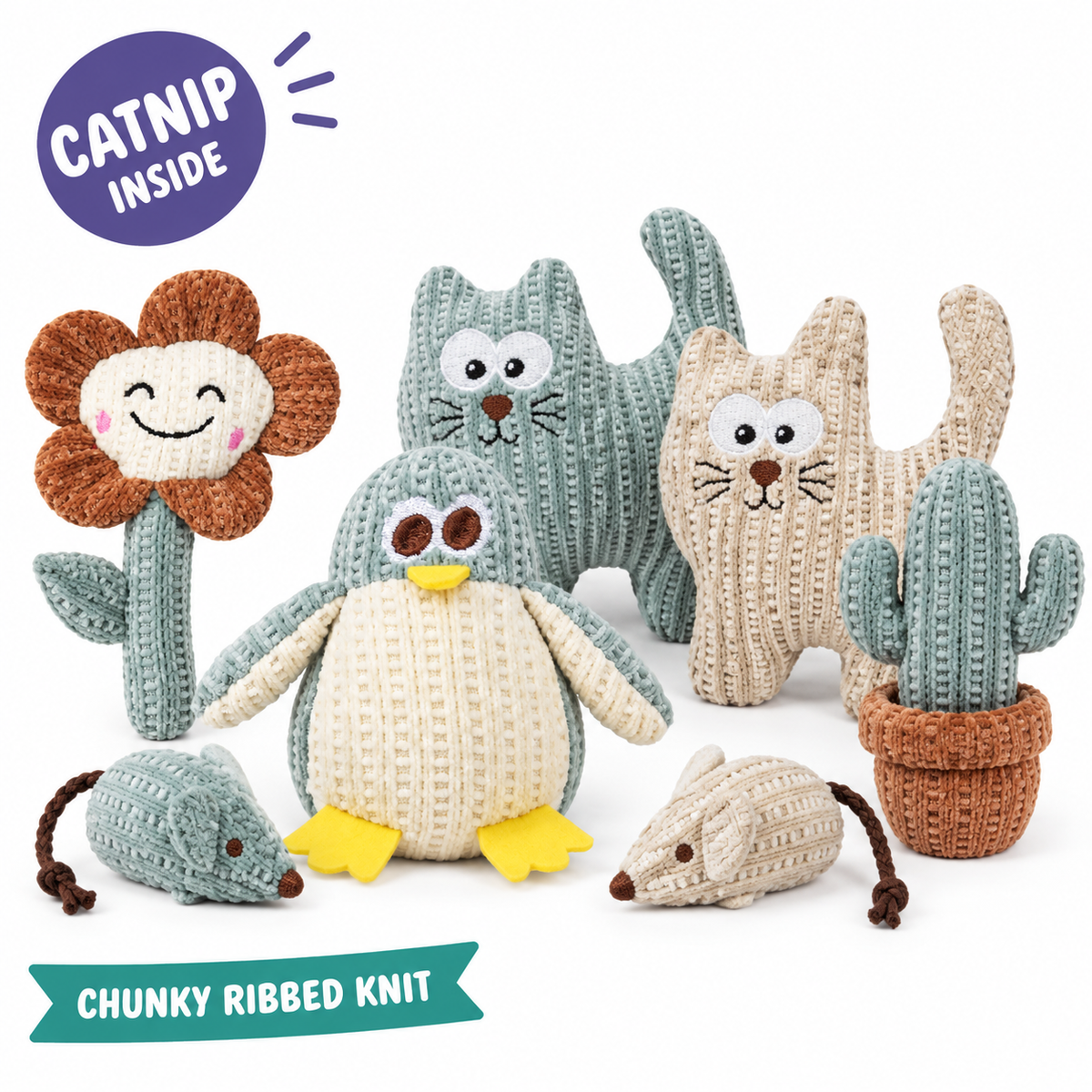 LitterBond Chunky Knit Catnip Toys: catnip inside, chunky ribbed knit