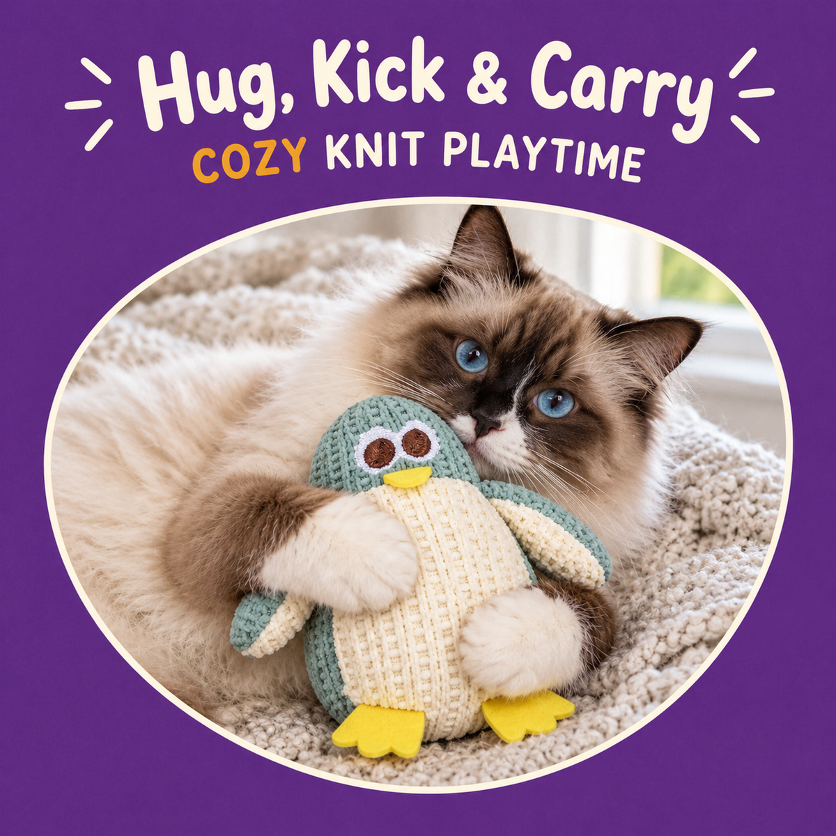 Cat playing with LitterBond Chunky Knit Catnip Toys: Hug, Kick & Carry