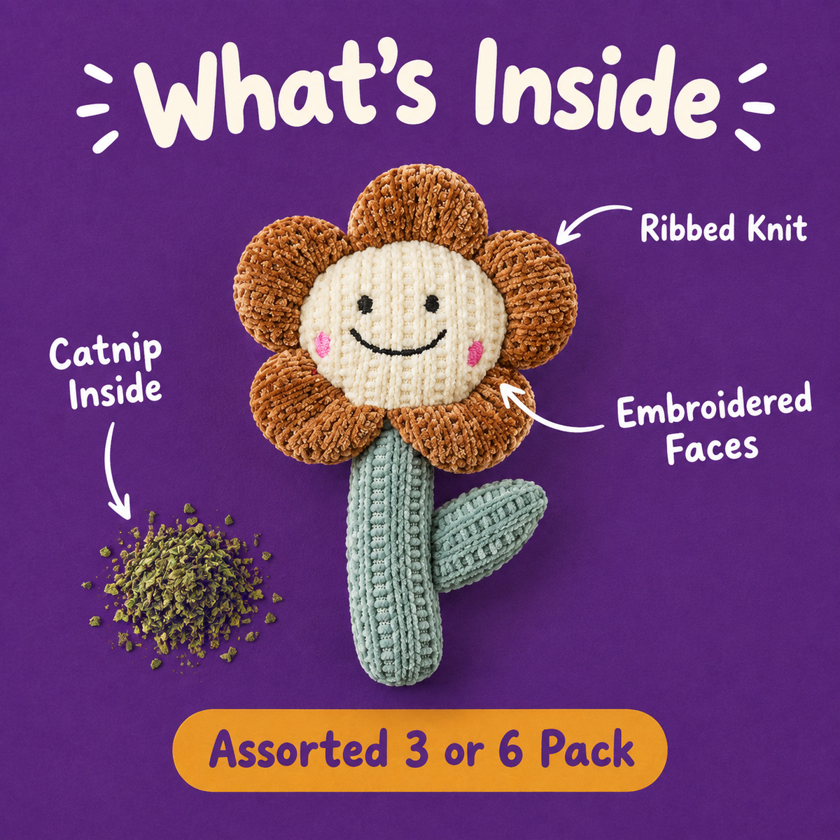 What's Inside: LitterBond Chunky Knit Catnip Toys, catnip inside, ribbed knit, embroidered faces
