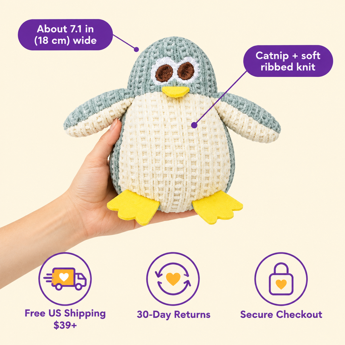 LitterBond Chunky Knit Catnip Toys in hand: About 7.1 in (18 cm) wide; free US shipping on $39+, 30-day returns