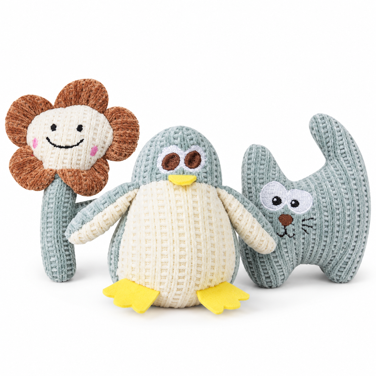 LitterBond Chunky Knit Catnip Toys, assorted 3-pack on a white background