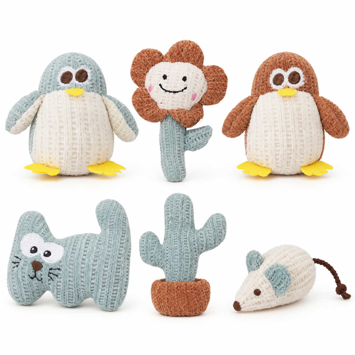 LitterBond Chunky Knit Catnip Toys, assorted 6-pack on a white background