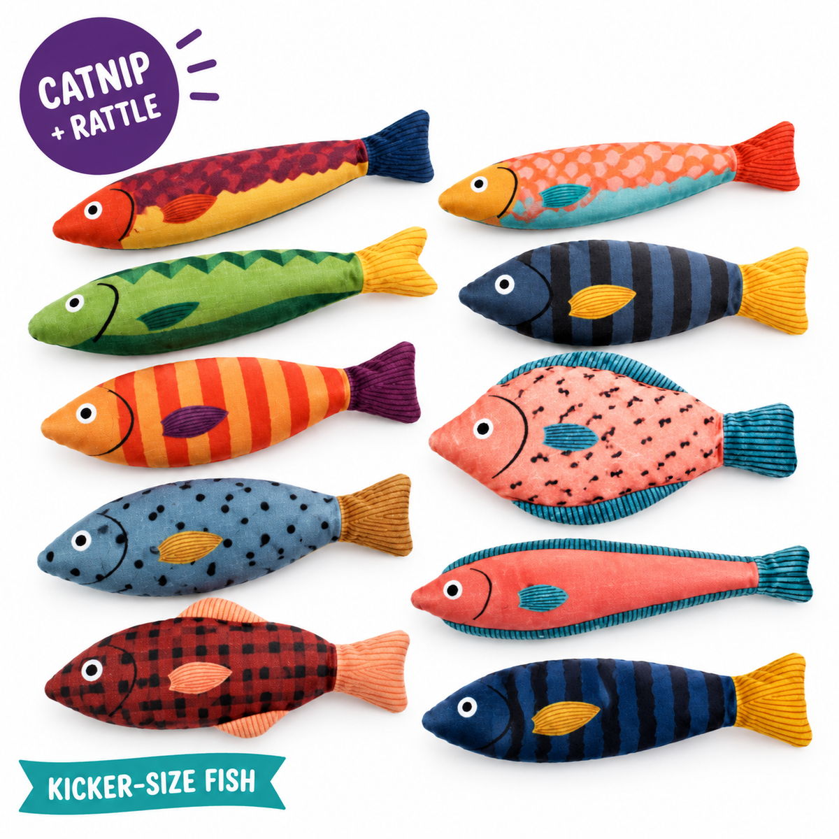 LitterBond Printed Catnip Fish Kickers: catnip + rattle, kicker-size fish
