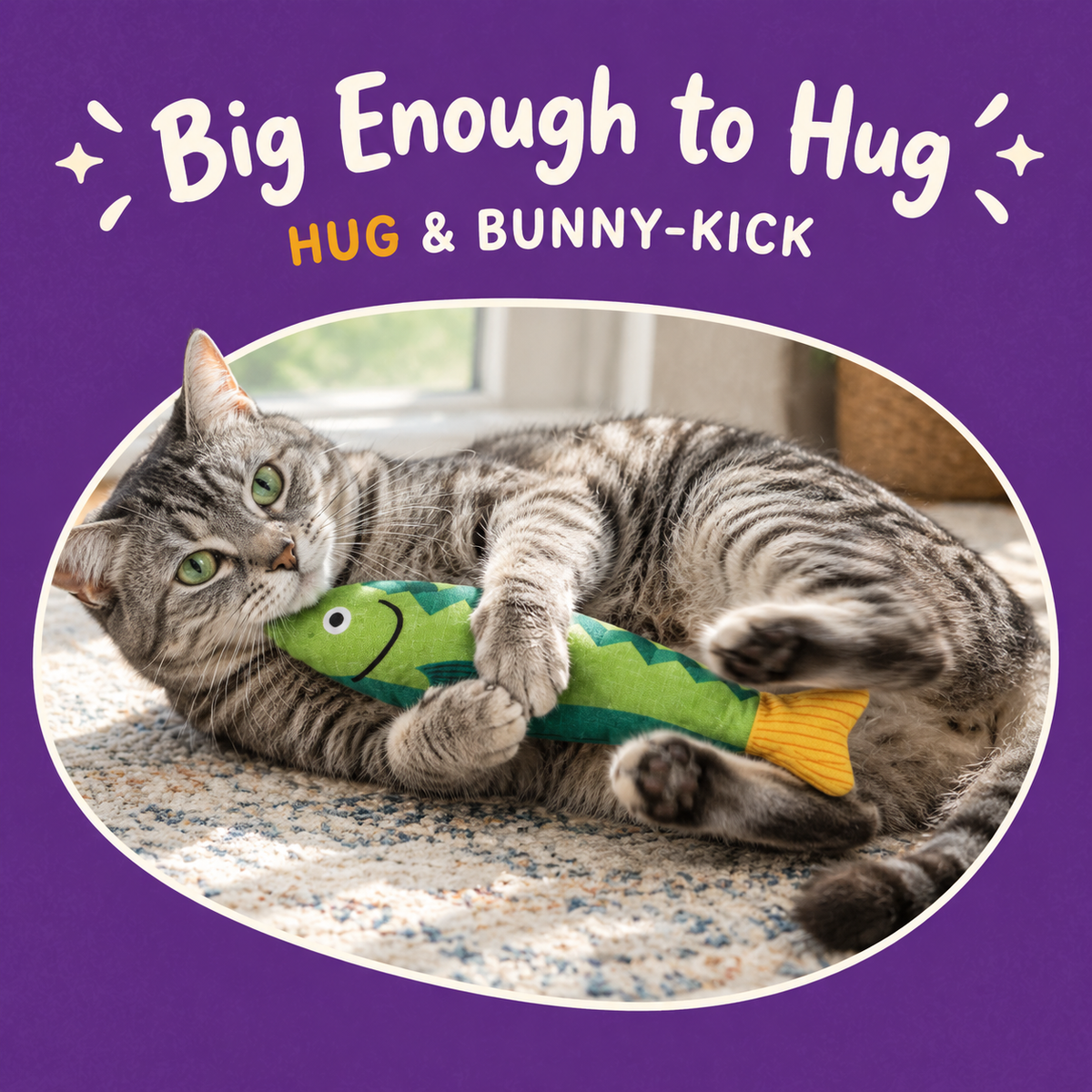 Cat playing with LitterBond Printed Catnip Fish Kickers: Big Enough to Hug