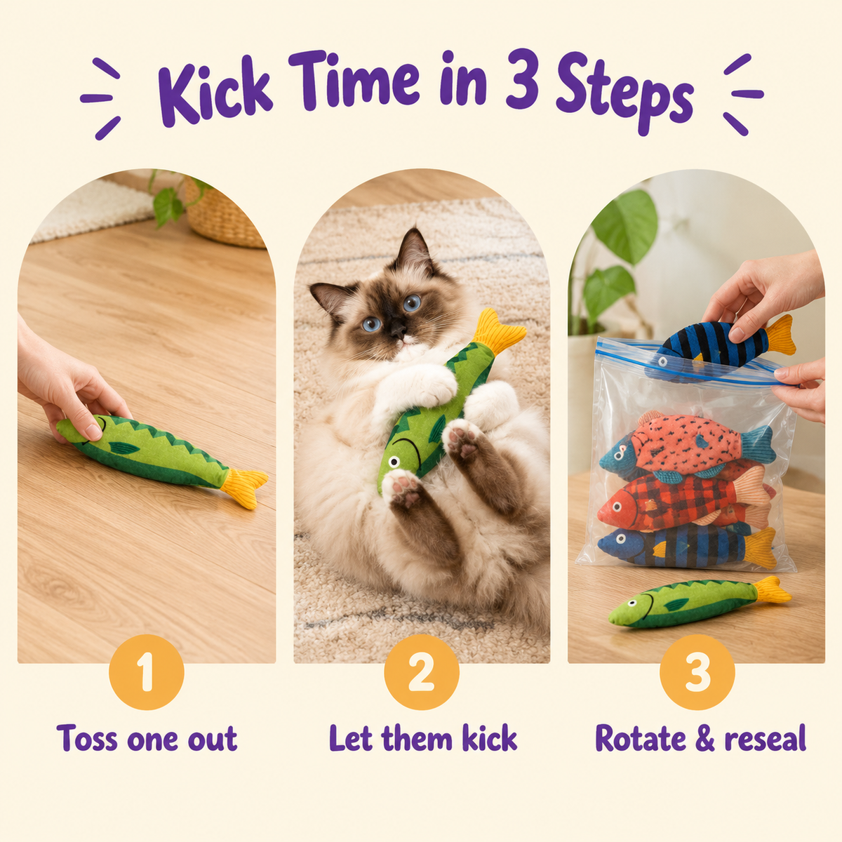 Kick Time in 3 Steps: how to play with LitterBond Printed Catnip Fish Kickers