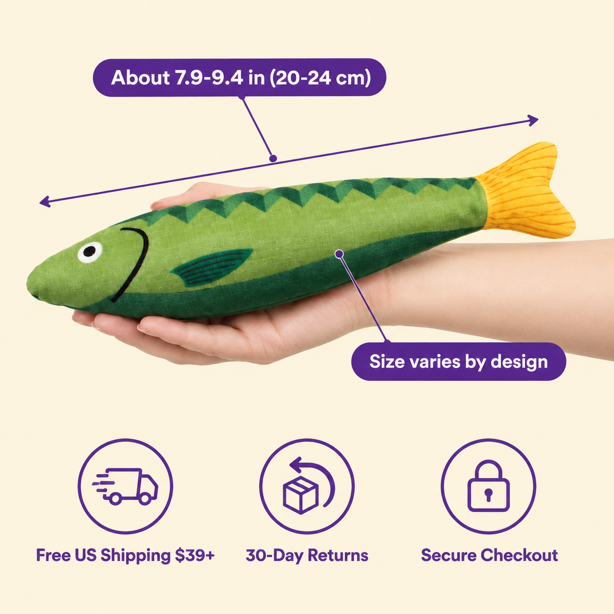 LitterBond Printed Catnip Fish Kickers in hand: About 7.9-9.4 in (20-24 cm); free US shipping on $39+, 30-day returns