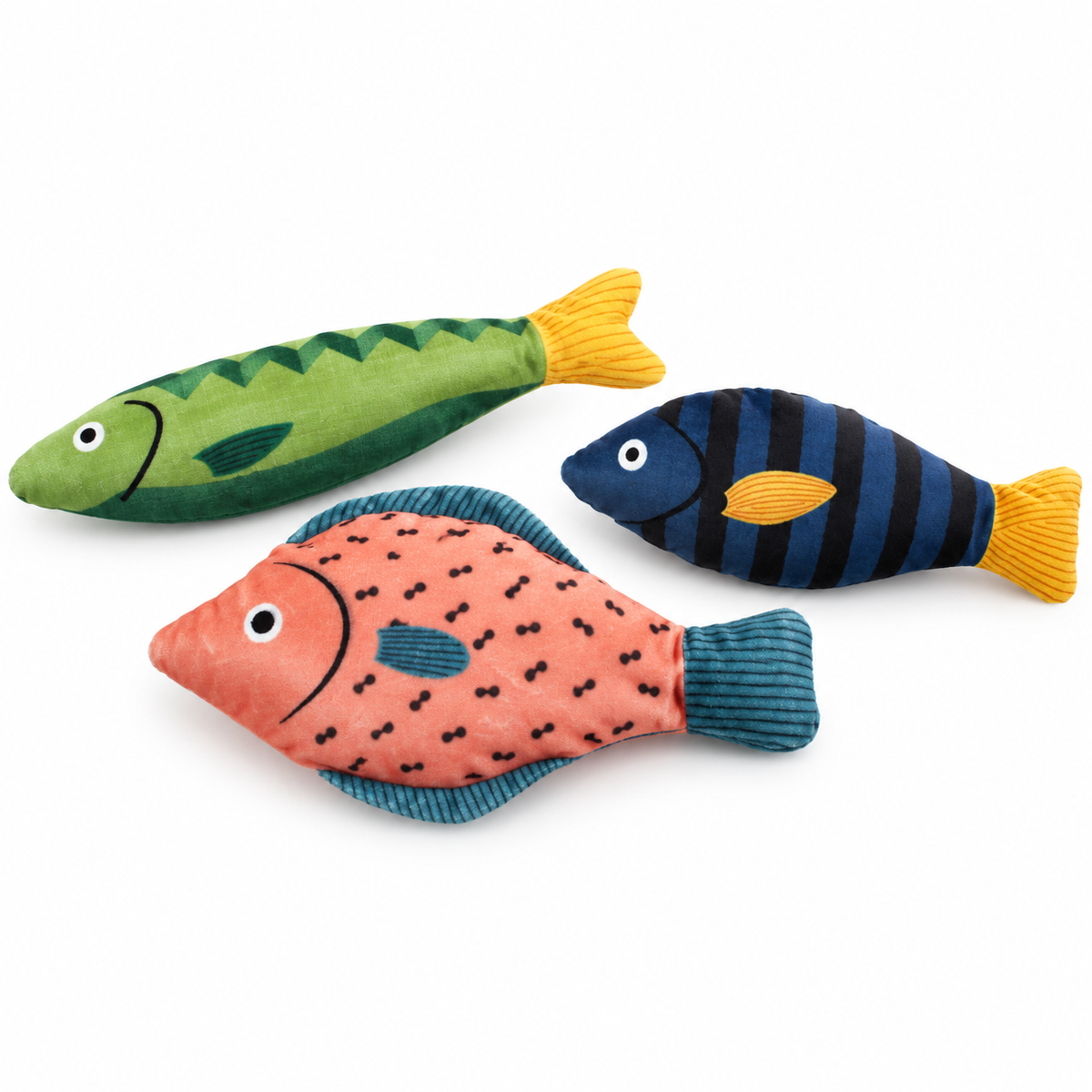 LitterBond Printed Catnip Fish Kickers, assorted 3-pack on a white background