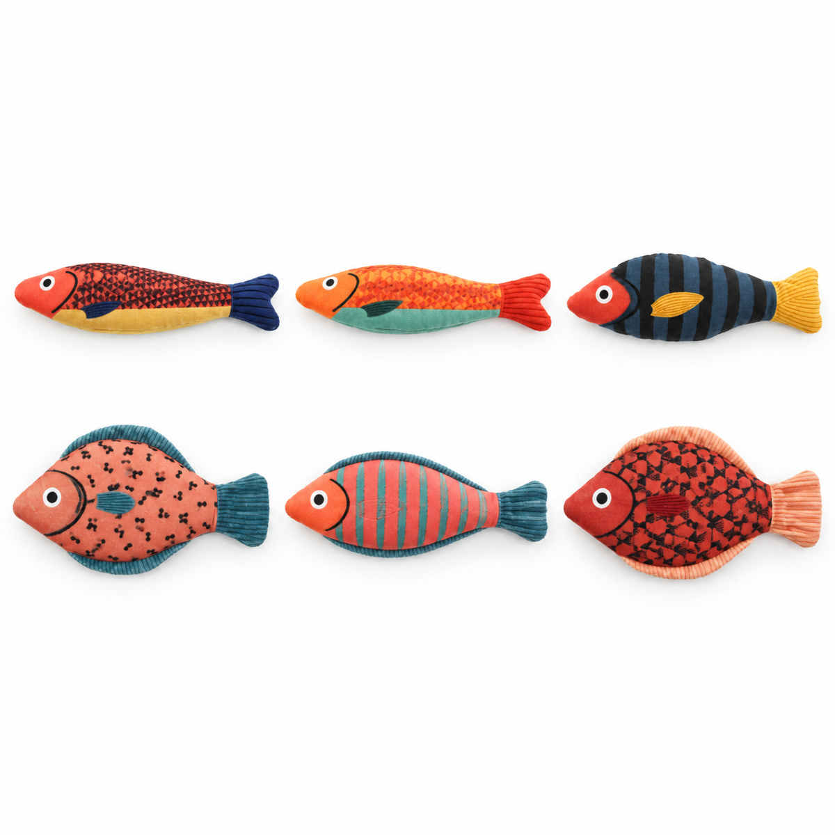 LitterBond Printed Catnip Fish Kickers, assorted 6-pack on a white background