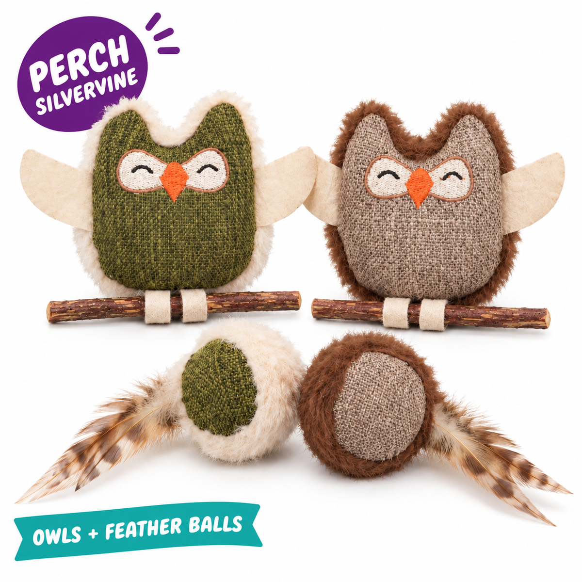 LitterBond Rustic Owls & Feather Balls: perch silvervine, owls + feather balls