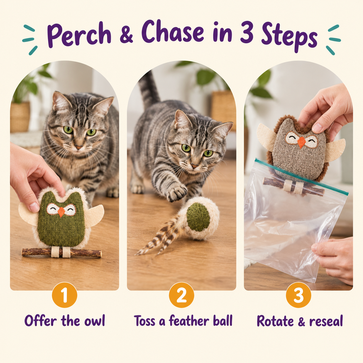 Perch & Chase in 3 Steps: how to play with LitterBond Rustic Owls & Feather Balls