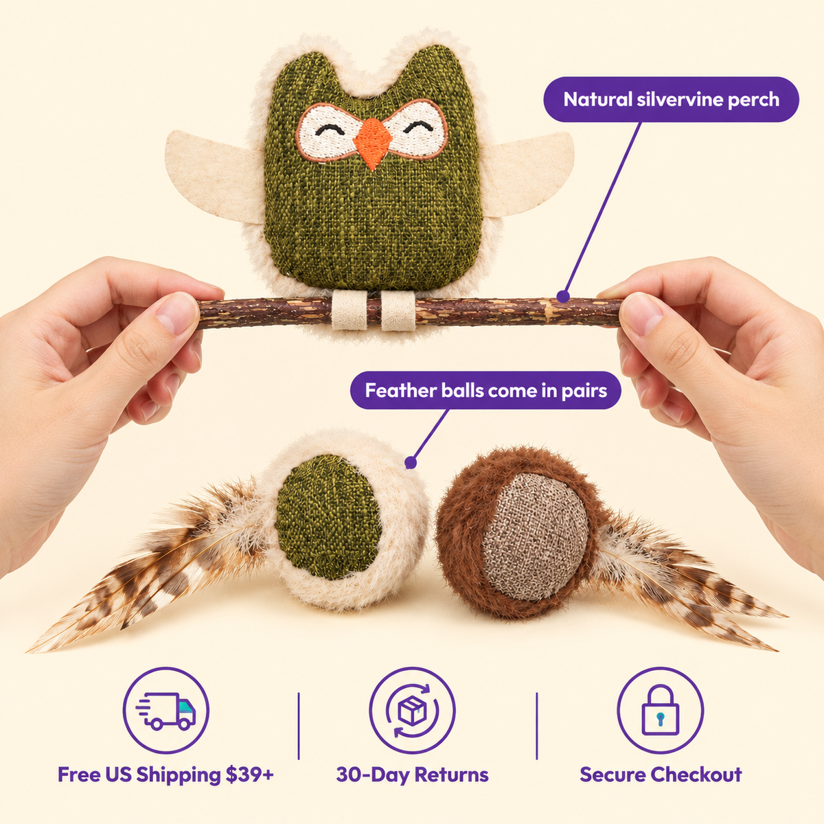 LitterBond Rustic Owls & Feather Balls in hand: Natural silvervine perch; free US shipping on $39+, 30-day returns
