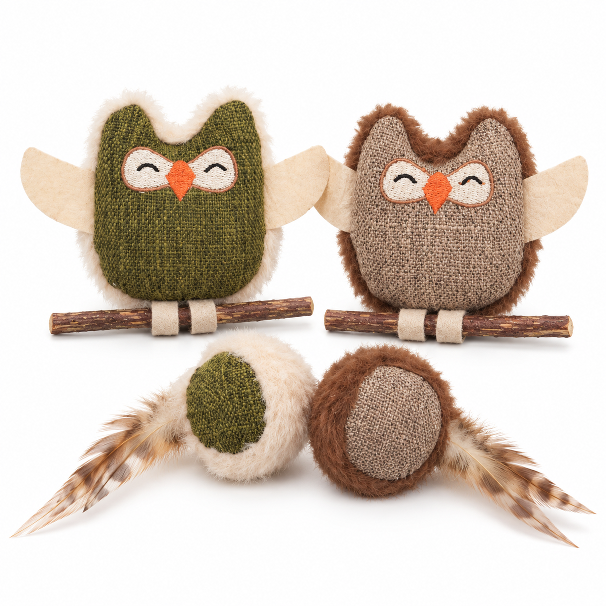 LitterBond Rustic Owls & Feather Balls, assorted 3-pack on a white background
