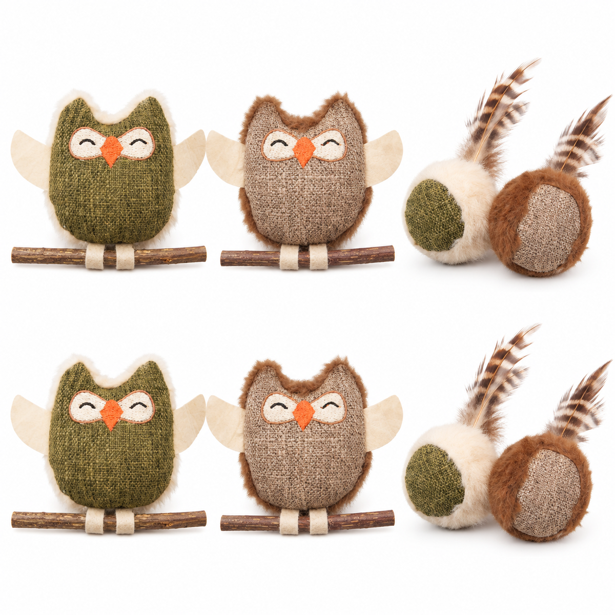 LitterBond Rustic Owls & Feather Balls, assorted 6-pack on a white background