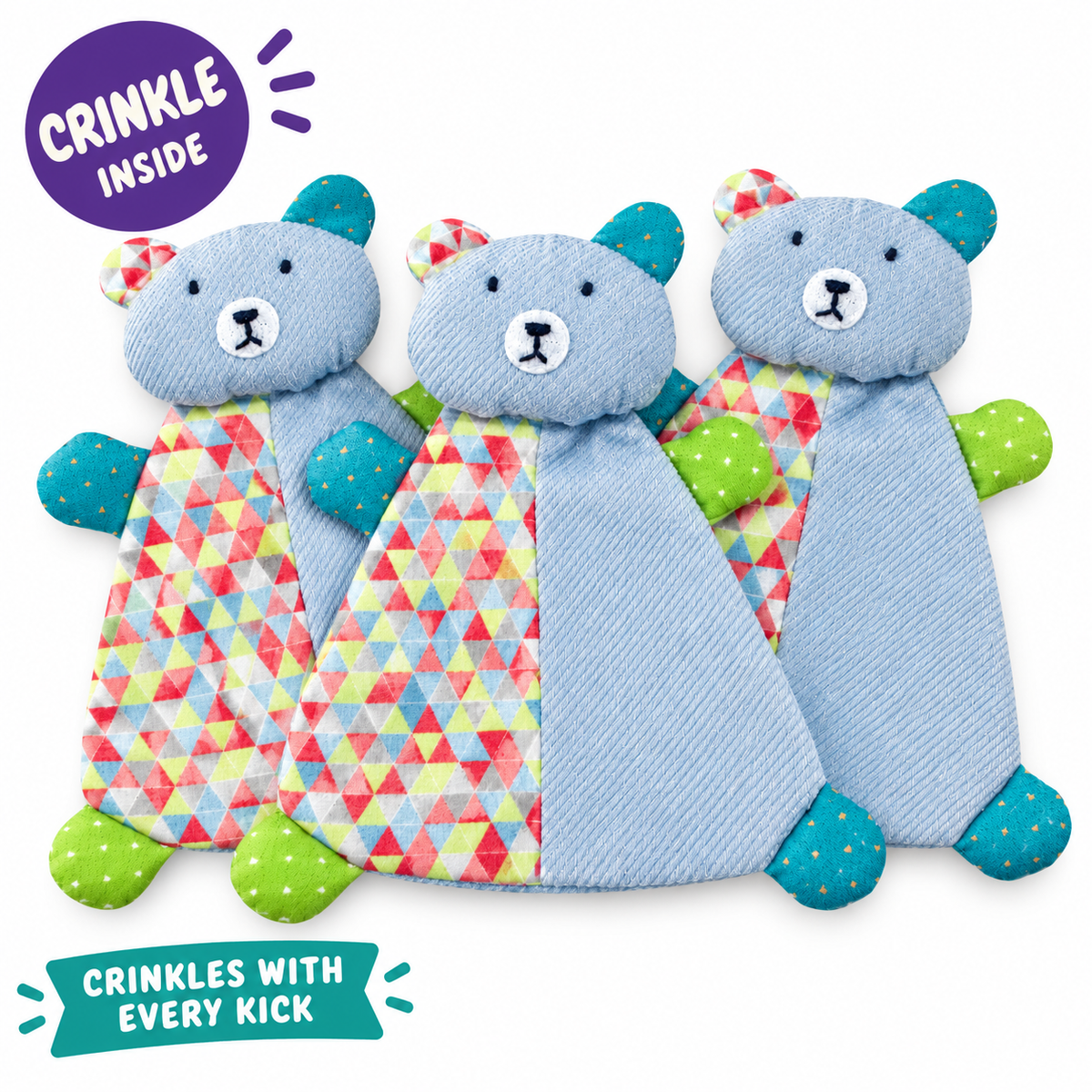 LitterBond Patchwork Crinkle Bears: crinkle inside, crinkles with every kick