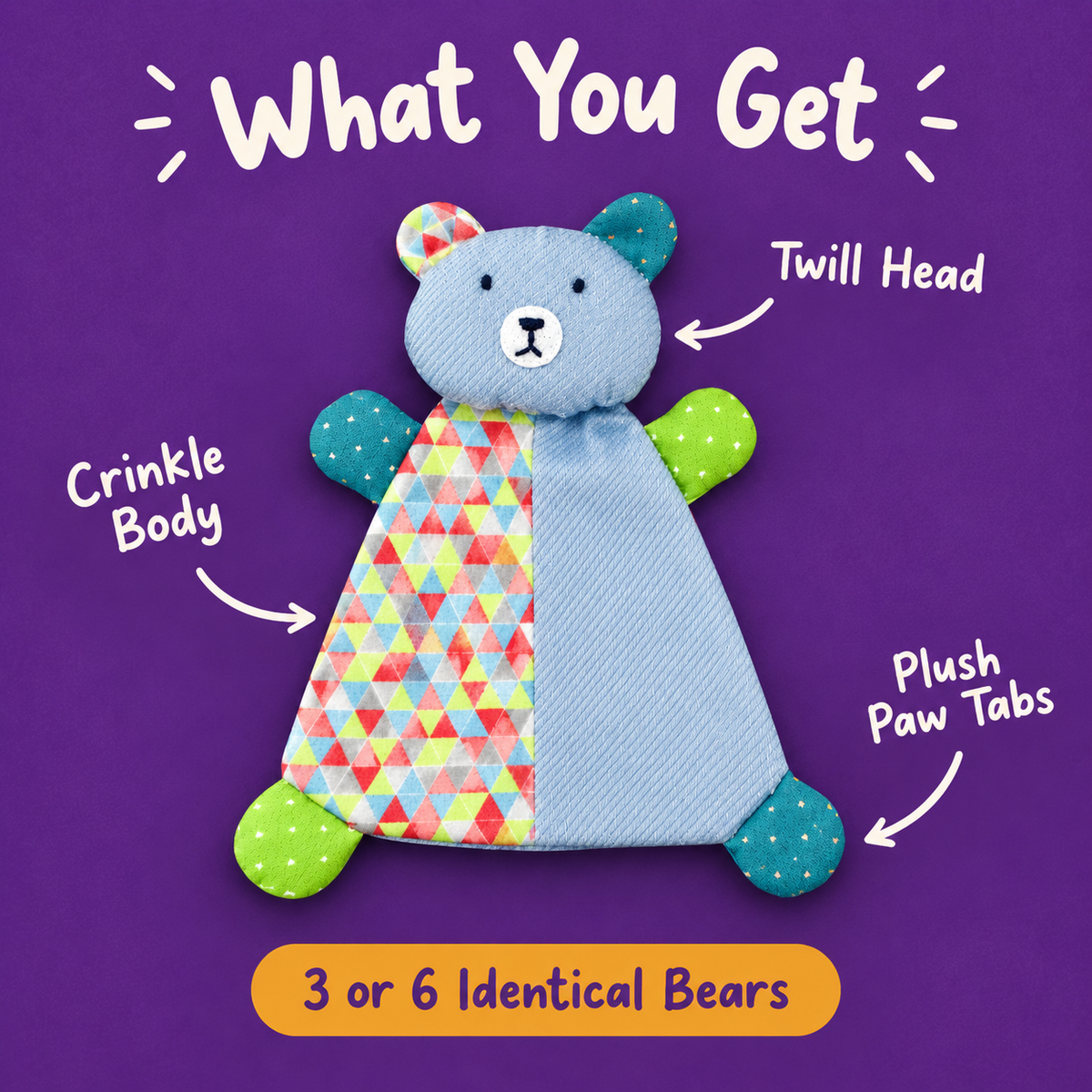 What You Get: LitterBond Patchwork Crinkle Bears, crinkle body, twill head, plush paw tabs