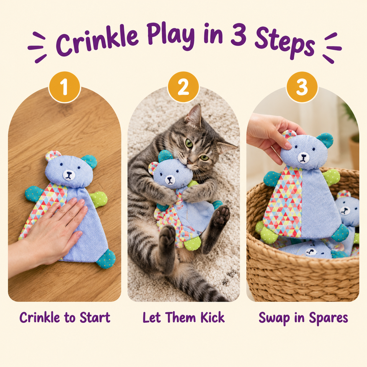 Crinkle Play in 3 Steps: how to play with LitterBond Patchwork Crinkle Bears