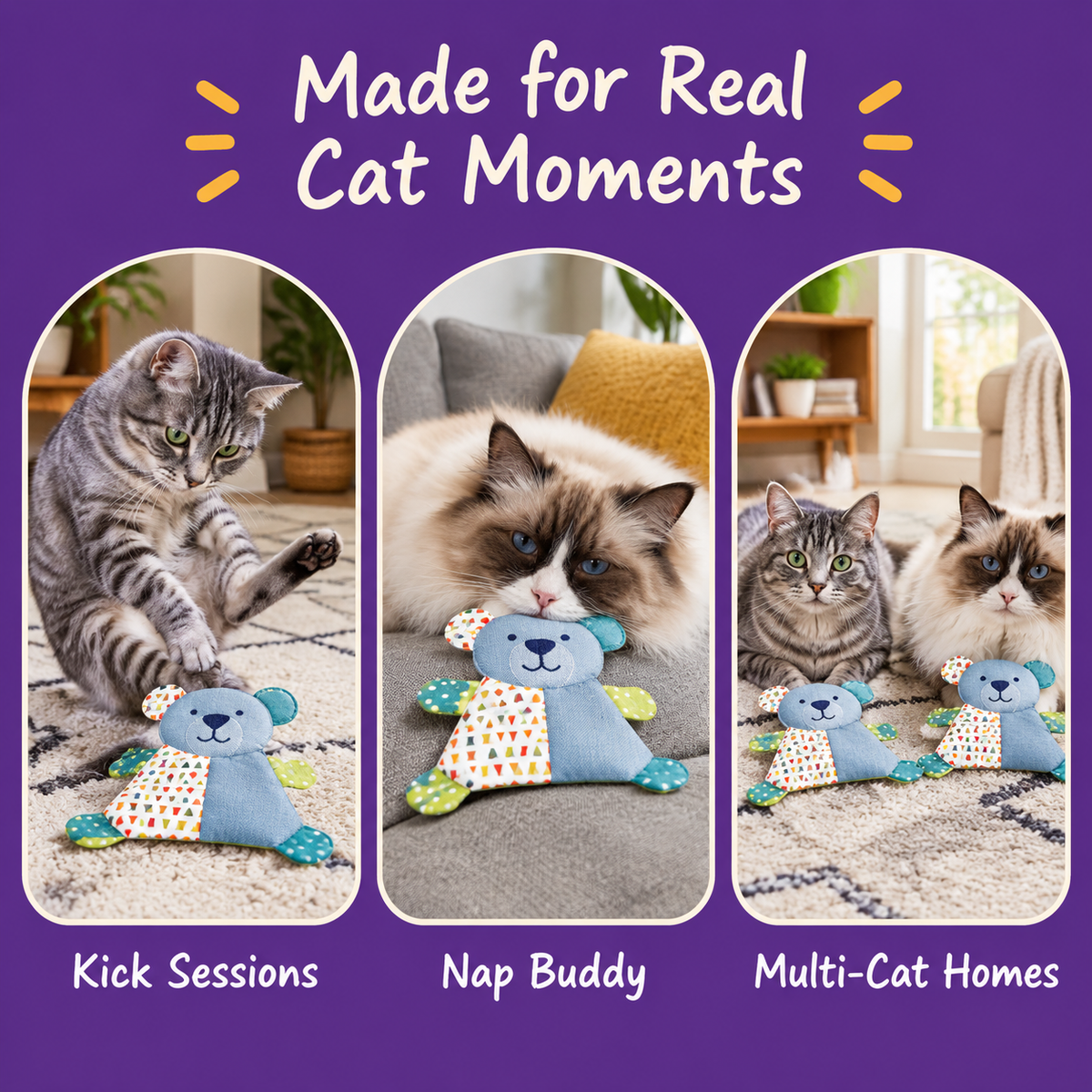 Real cat moments with LitterBond Patchwork Crinkle Bears