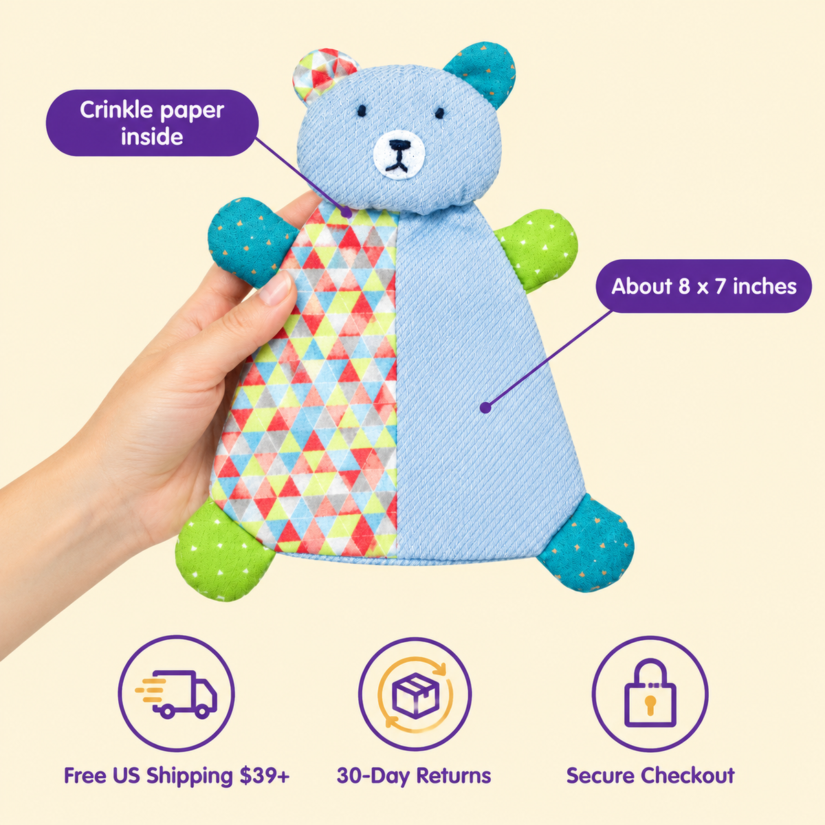 LitterBond Patchwork Crinkle Bears in hand: Crinkle paper inside; free US shipping on $39+, 30-day returns
