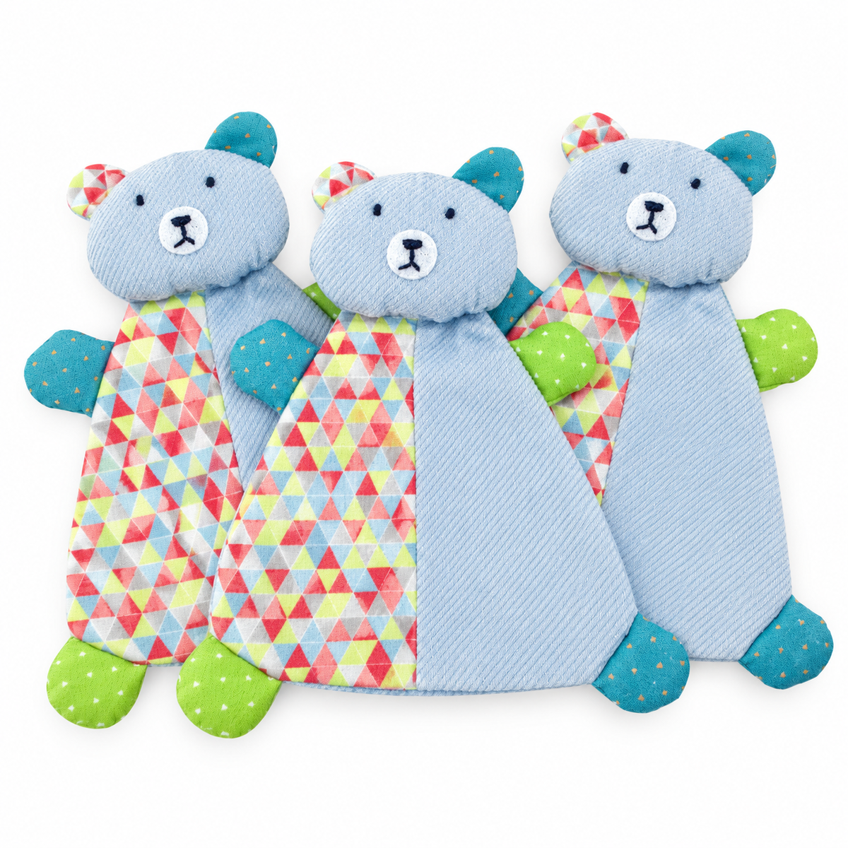 LitterBond Patchwork Crinkle Bears, assorted 3-pack on a white background