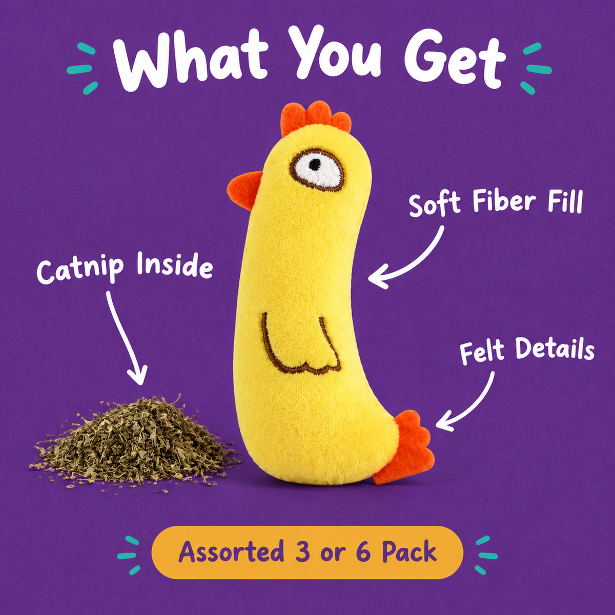What You Get: LitterBond Chick & Friends Catnip Plush, catnip inside, soft fiber fill, felt details