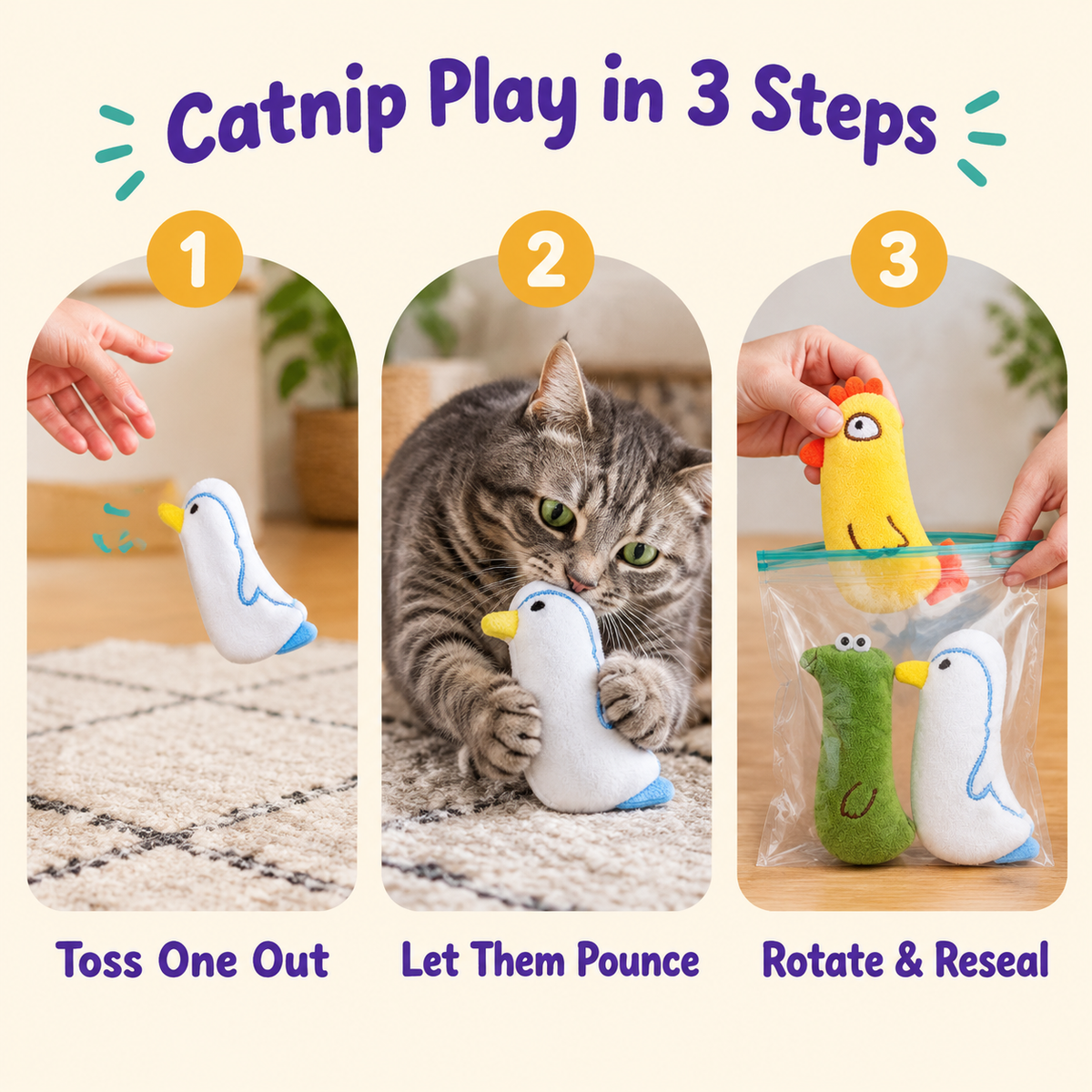 Catnip Play in 3 Steps: how to play with LitterBond Chick & Friends Catnip Plush