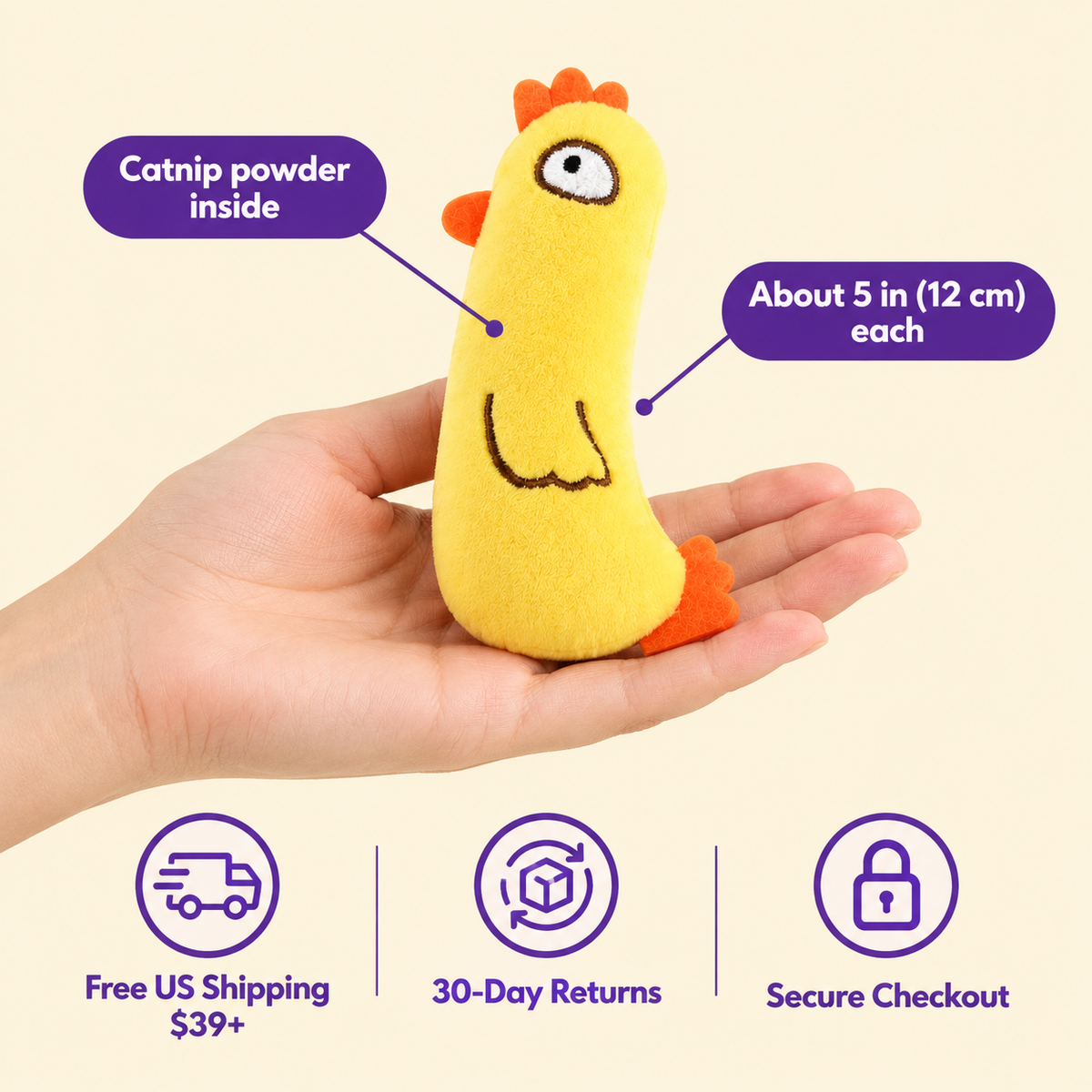 LitterBond Chick & Friends Catnip Plush in hand: Catnip powder inside; free US shipping on $39+, 30-day returns