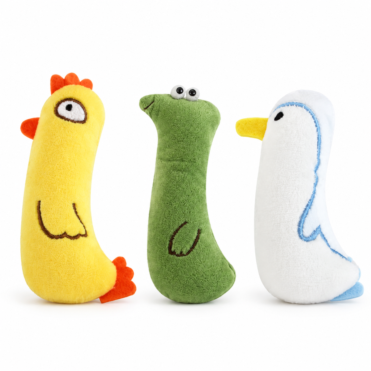 LitterBond Chick & Friends Catnip Plush, assorted 3-pack on a white background