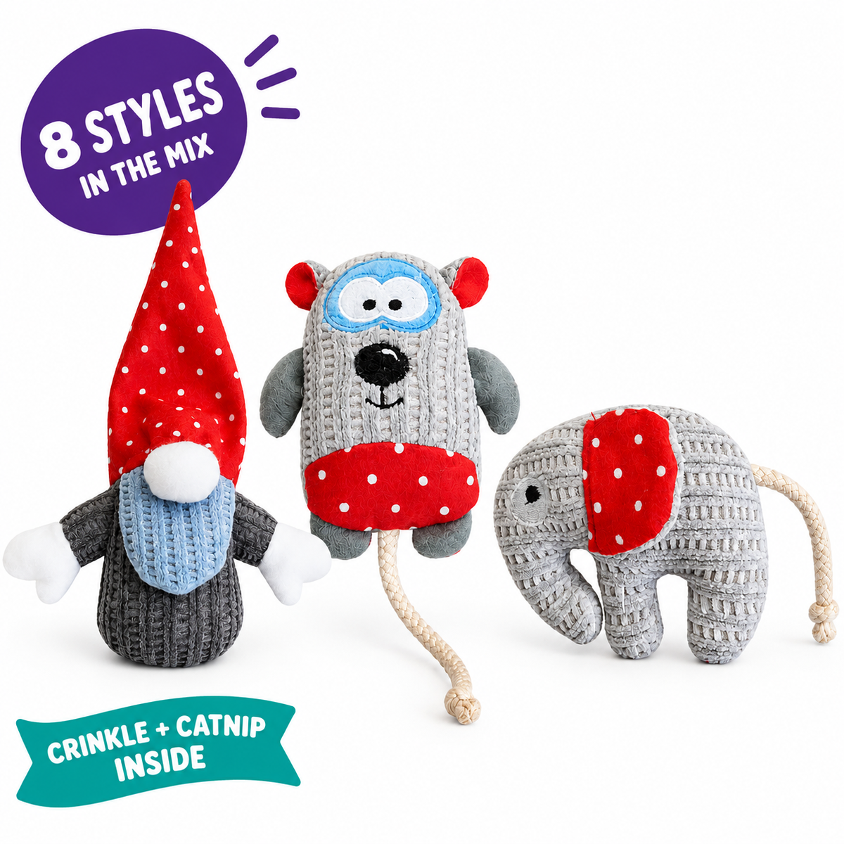 LitterBond Chenille Gnomes & Friends: 8 styles in the mix, crinkle + catnip inside
