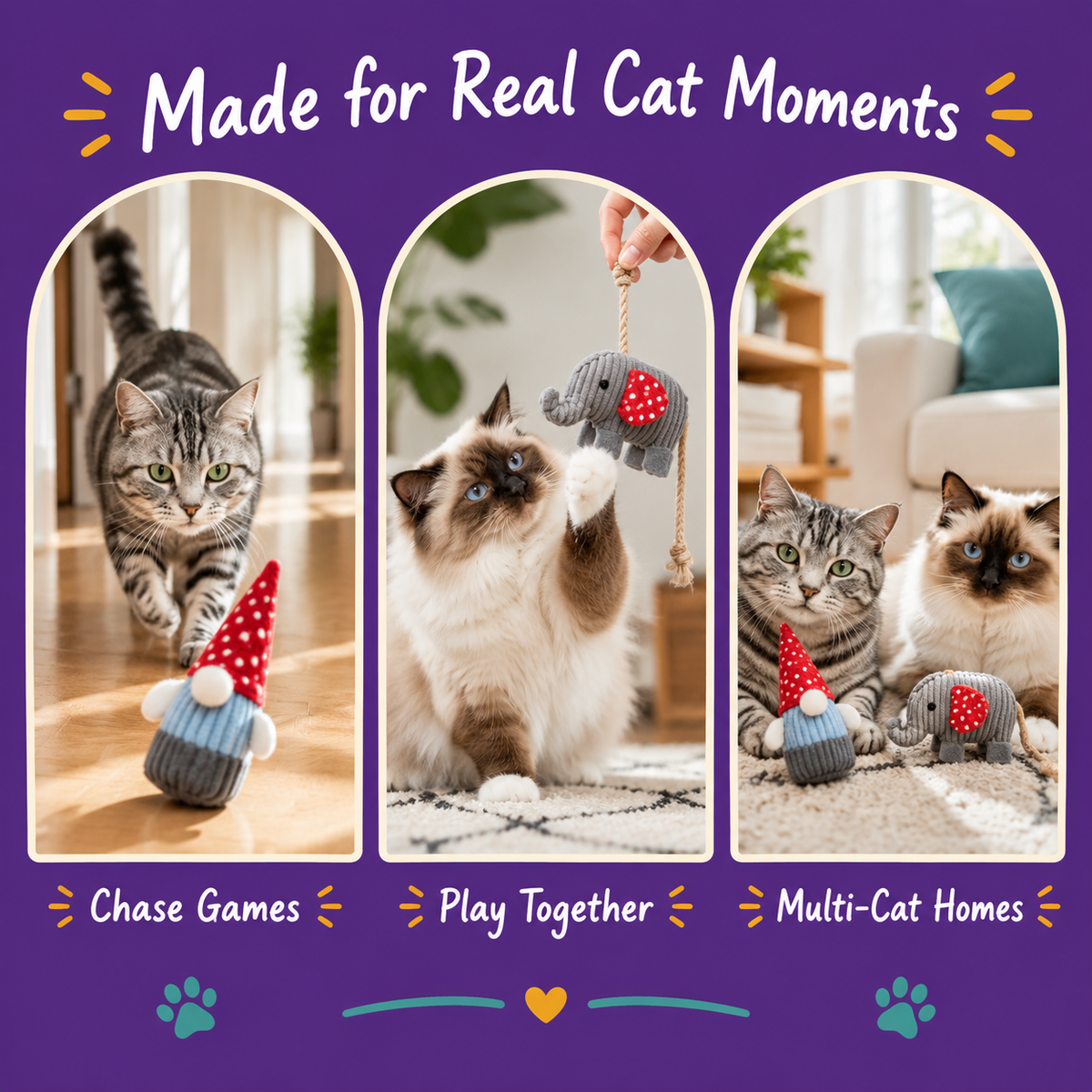 Real cat moments with LitterBond Chenille Gnomes & Friends