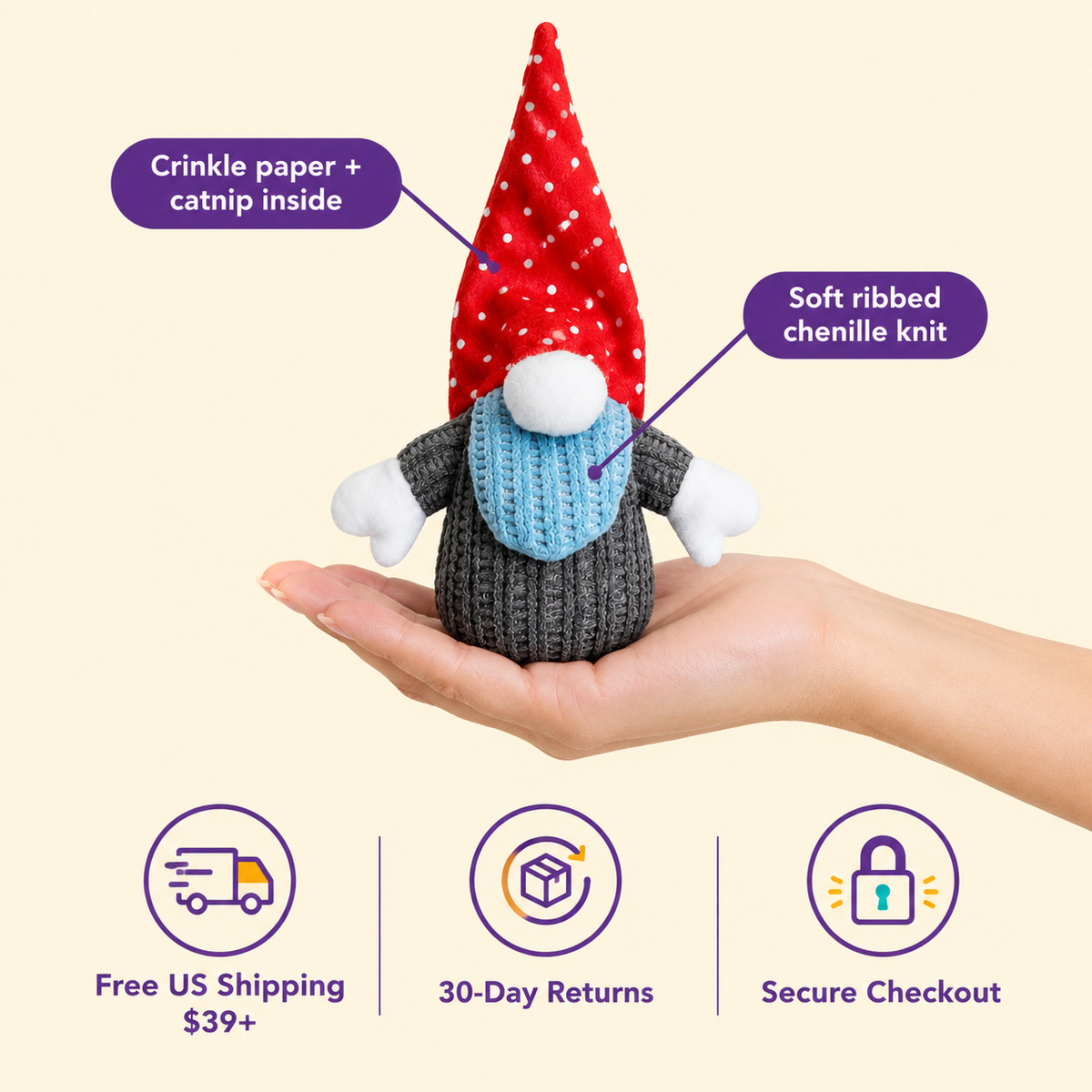 LitterBond Chenille Gnomes & Friends in hand: Crinkle paper + catnip inside; free US shipping on $39+, 30-day returns