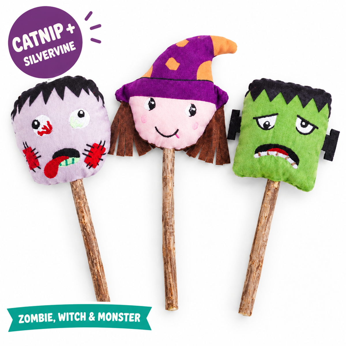 LitterBond Spooky Silvervine Stick Pals: catnip + silvervine, zombie, witch & monster