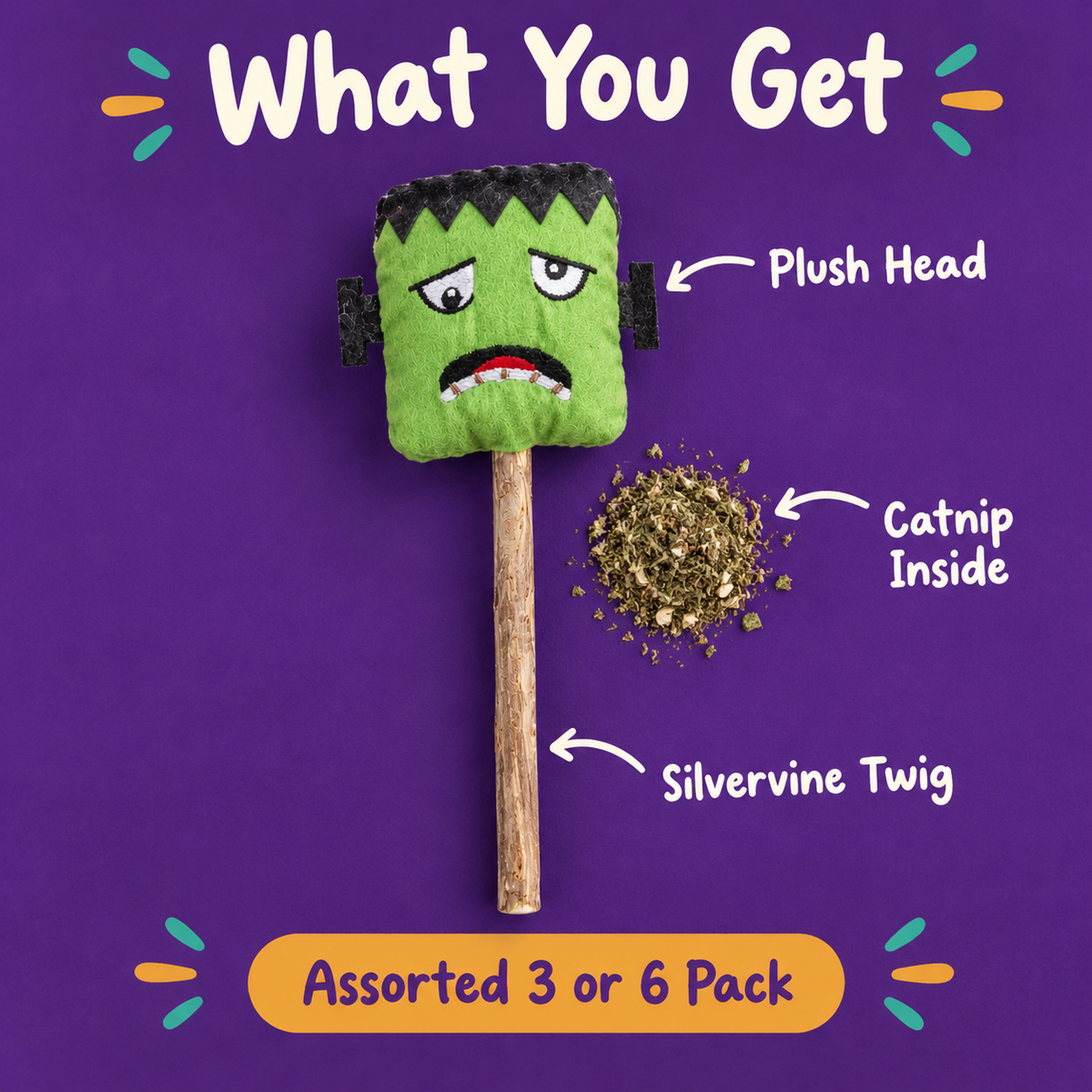 What You Get: LitterBond Spooky Silvervine Stick Pals, plush head, catnip inside, silvervine twig