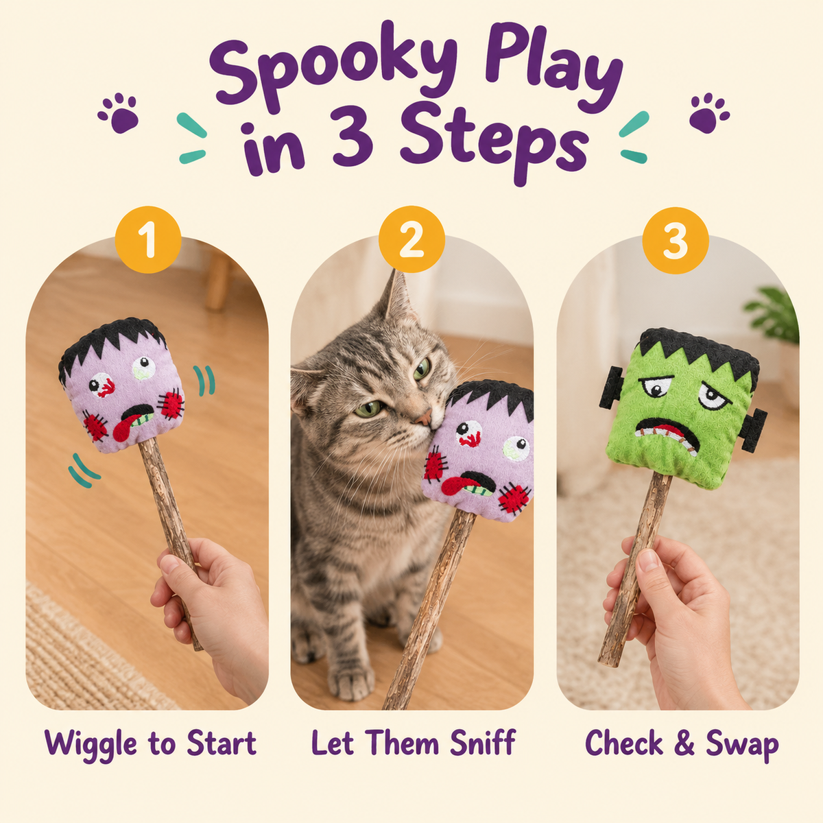 Spooky Play in 3 Steps: how to play with LitterBond Spooky Silvervine Stick Pals