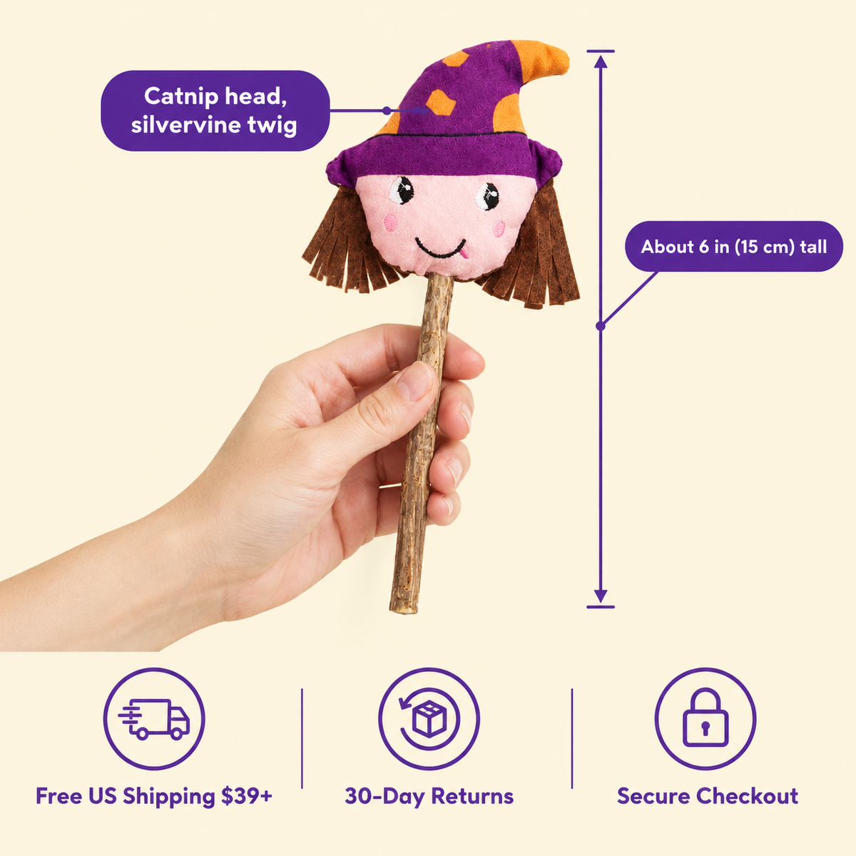 LitterBond Spooky Silvervine Stick Pals in hand: Catnip head, silvervine twig; free US shipping on $39+, 30-day returns