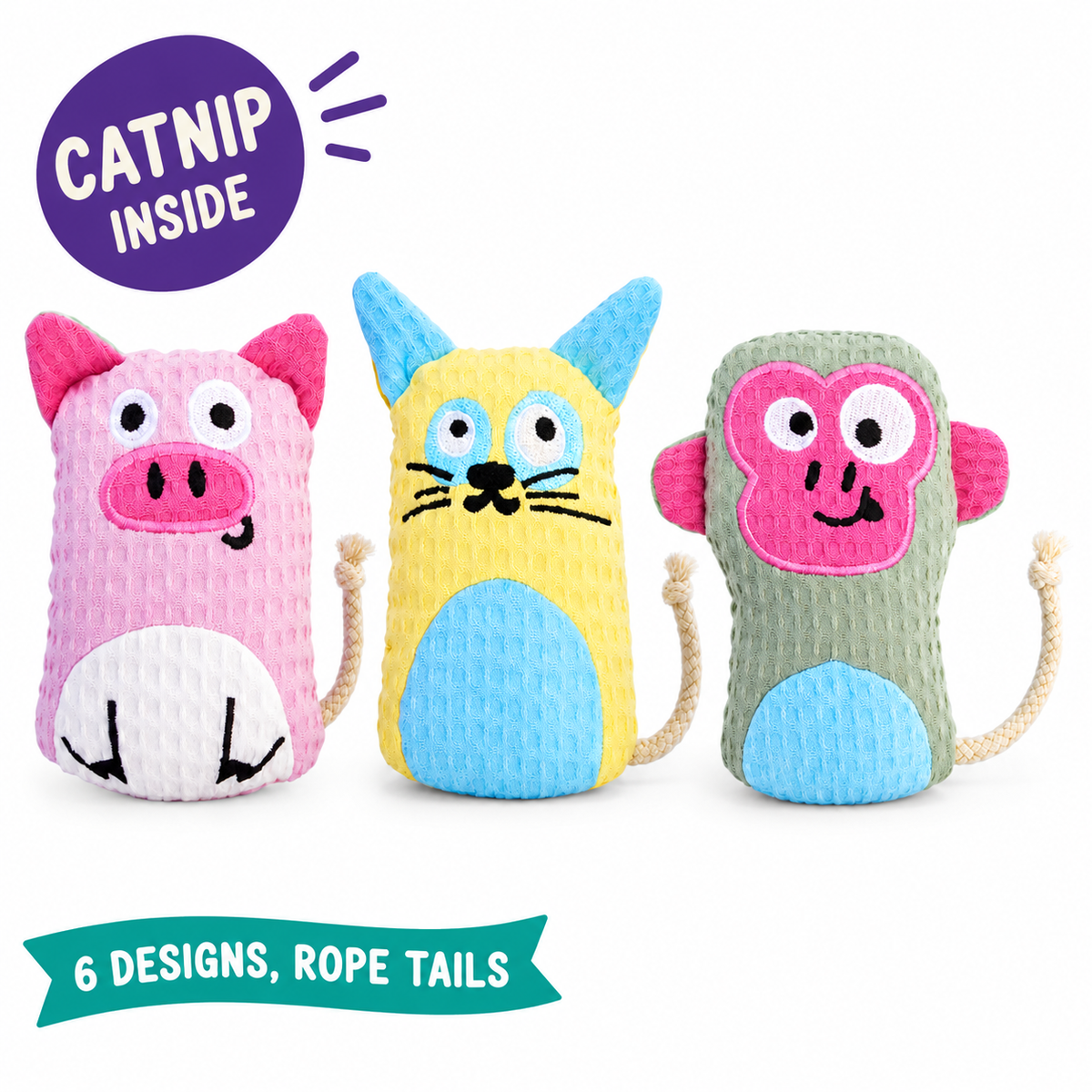 LitterBond Waffle Cotton Animal Pals: catnip inside, 6 designs, rope tails