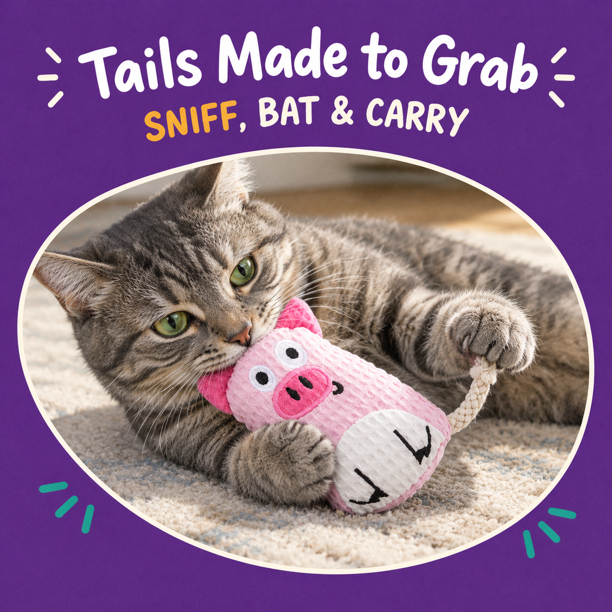 Cat playing with LitterBond Waffle Cotton Animal Pals: Tails Made to Grab
