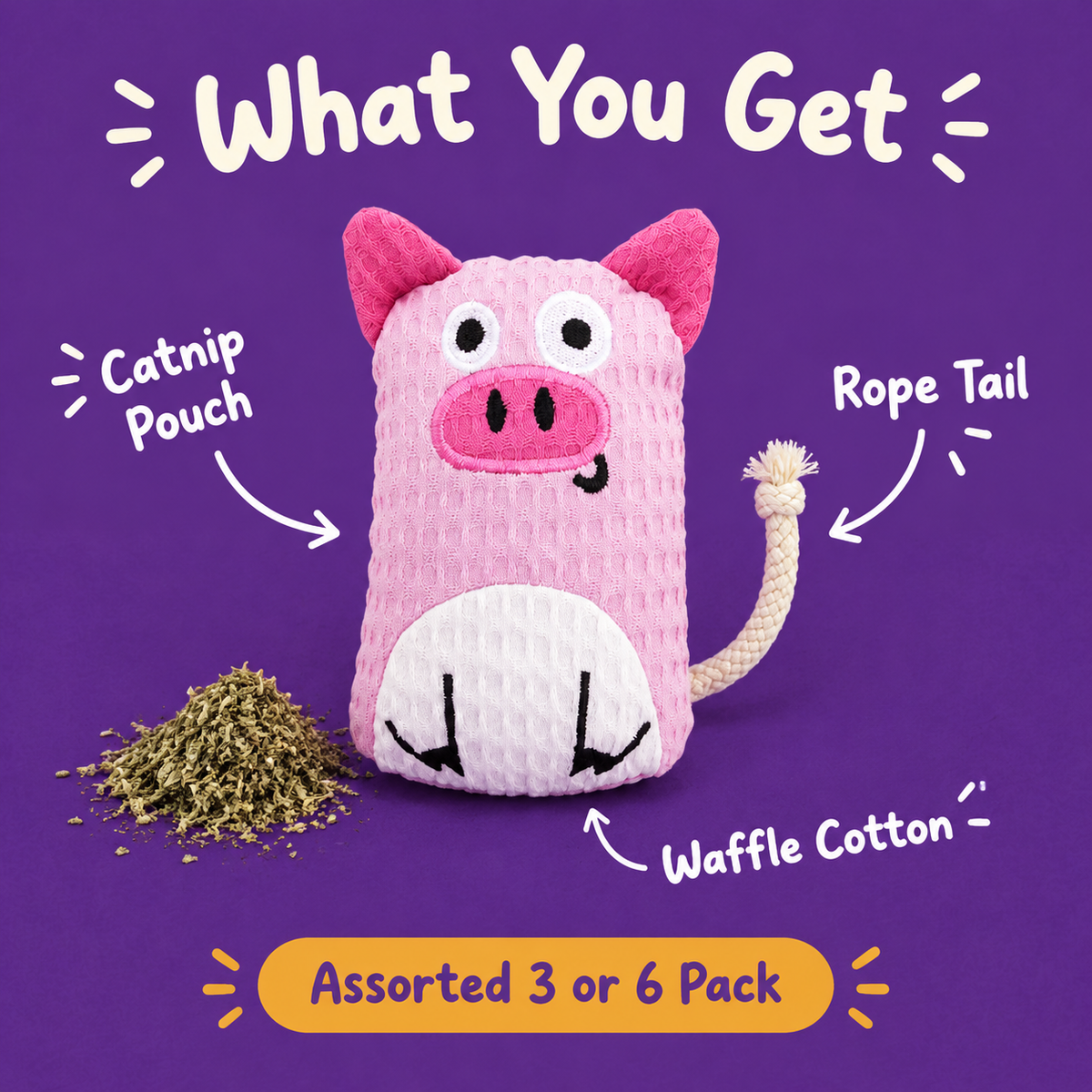 What You Get: LitterBond Waffle Cotton Animal Pals, catnip pouch, rope tail, waffle cotton