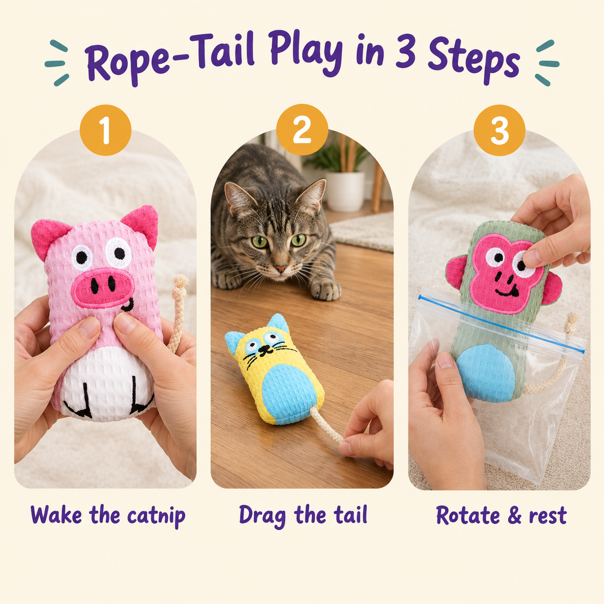Rope-Tail Play in 3 Steps: how to play with LitterBond Waffle Cotton Animal Pals
