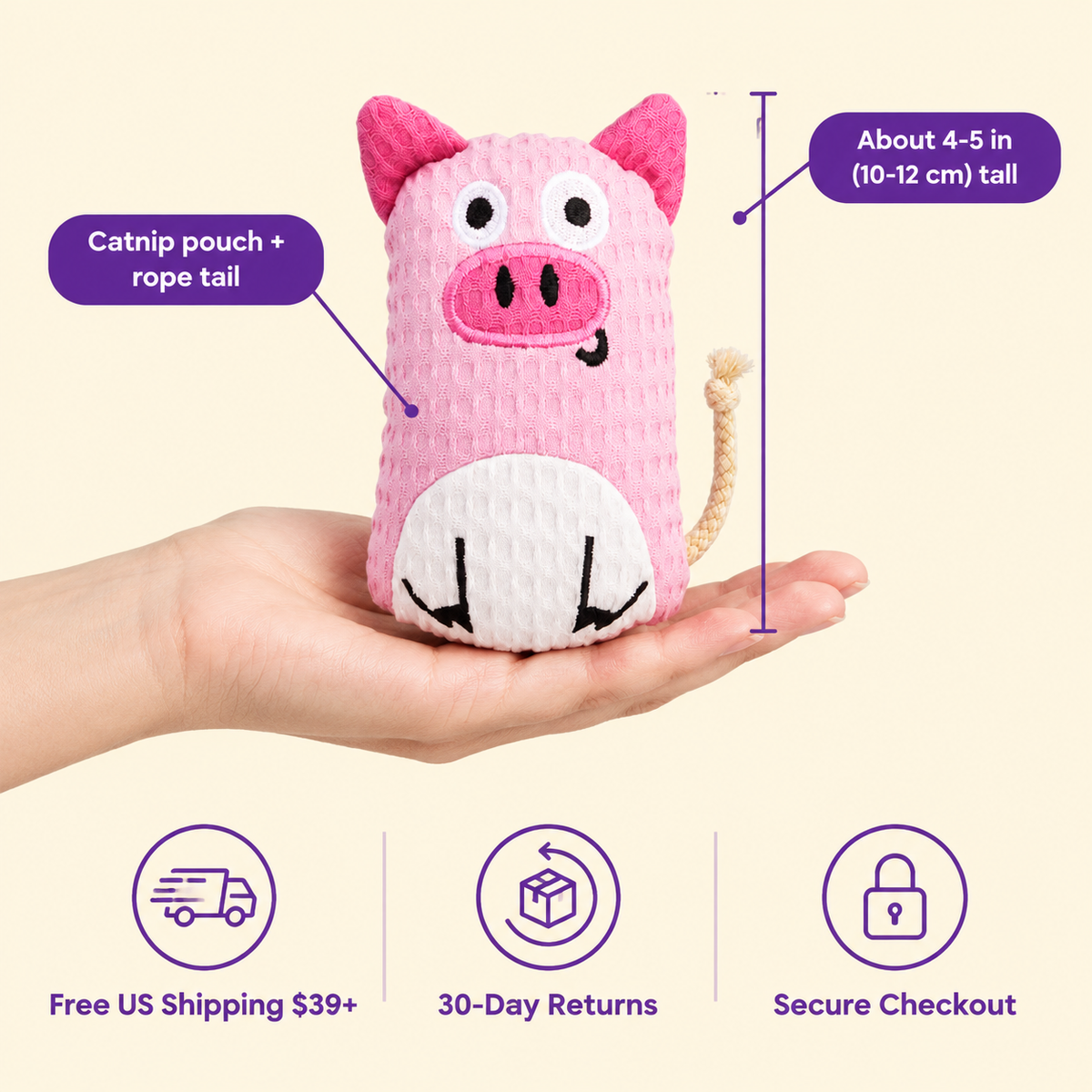 LitterBond Waffle Cotton Animal Pals in hand: Catnip pouch + rope tail; free US shipping on $39+, 30-day returns