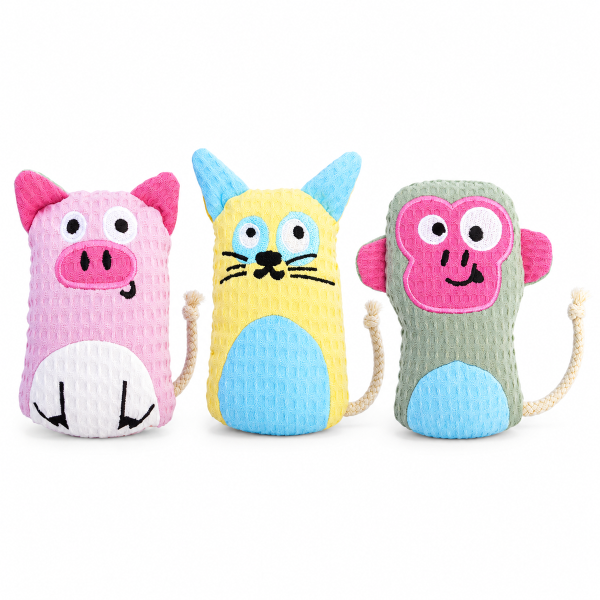LitterBond Waffle Cotton Animal Pals, assorted 3-pack on a white background