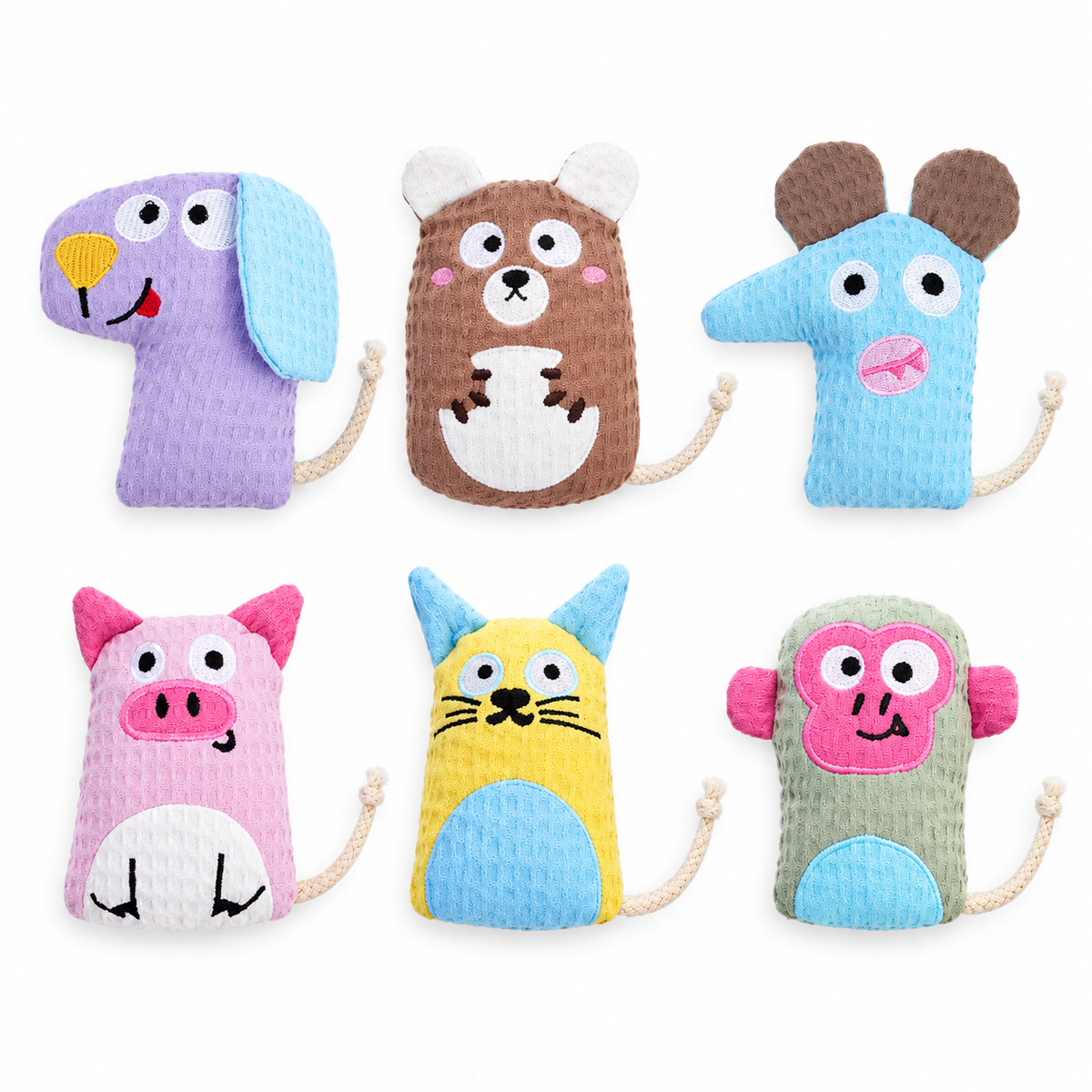 LitterBond Waffle Cotton Animal Pals, assorted 6-pack on a white background