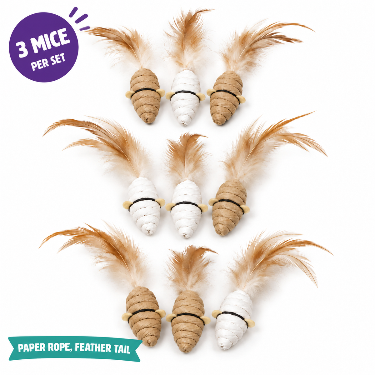 LitterBond Paper Rope Feather Mice: 3 mice per set, paper rope, feather tail