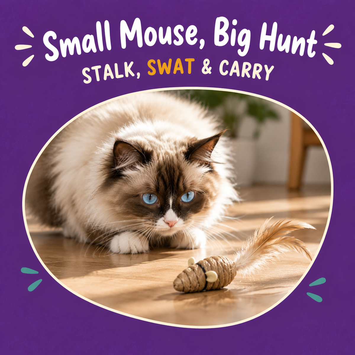 Cat playing with LitterBond Paper Rope Feather Mice: Small Mouse, Big Hunt