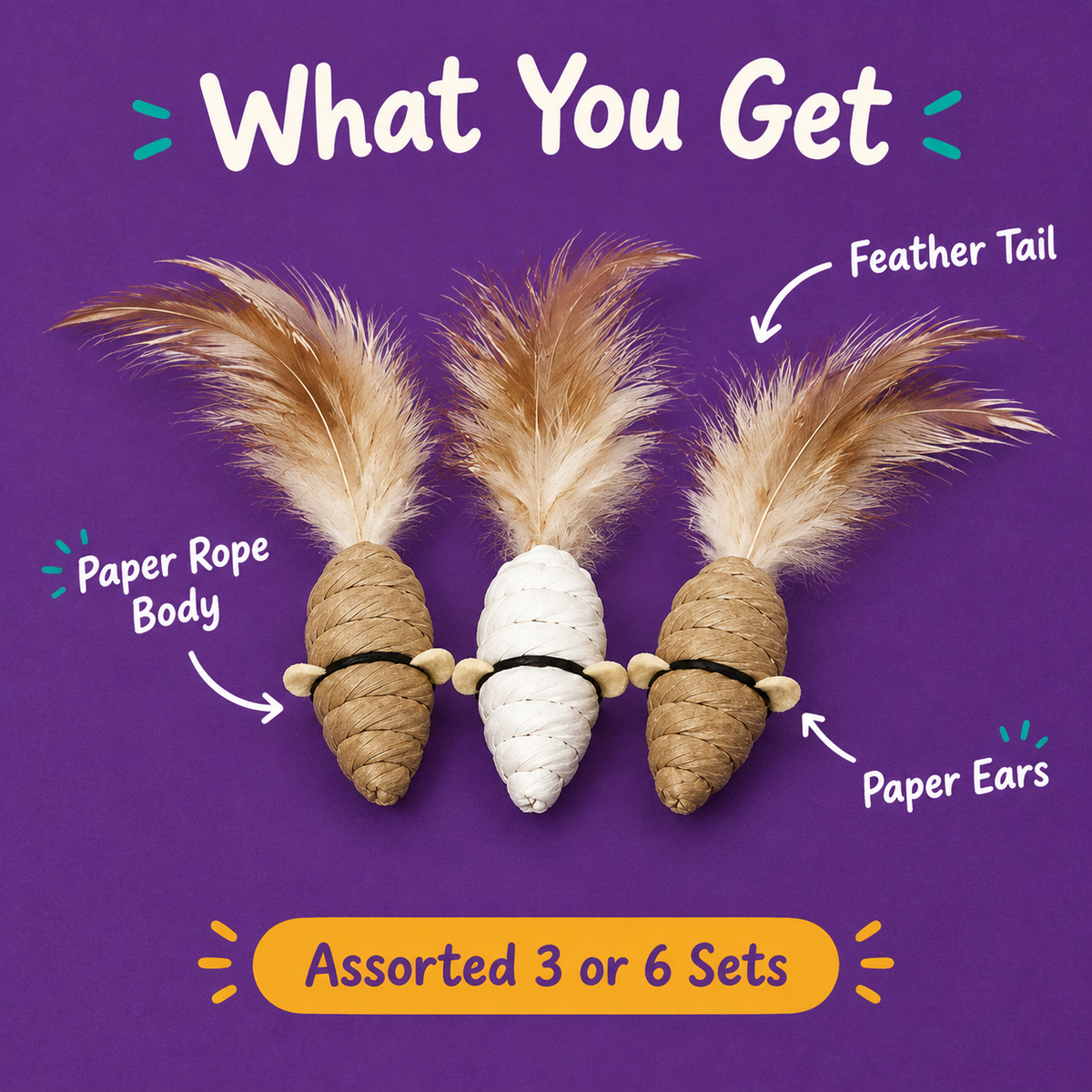 What You Get: LitterBond Paper Rope Feather Mice, paper rope body, feather tail, paper ears