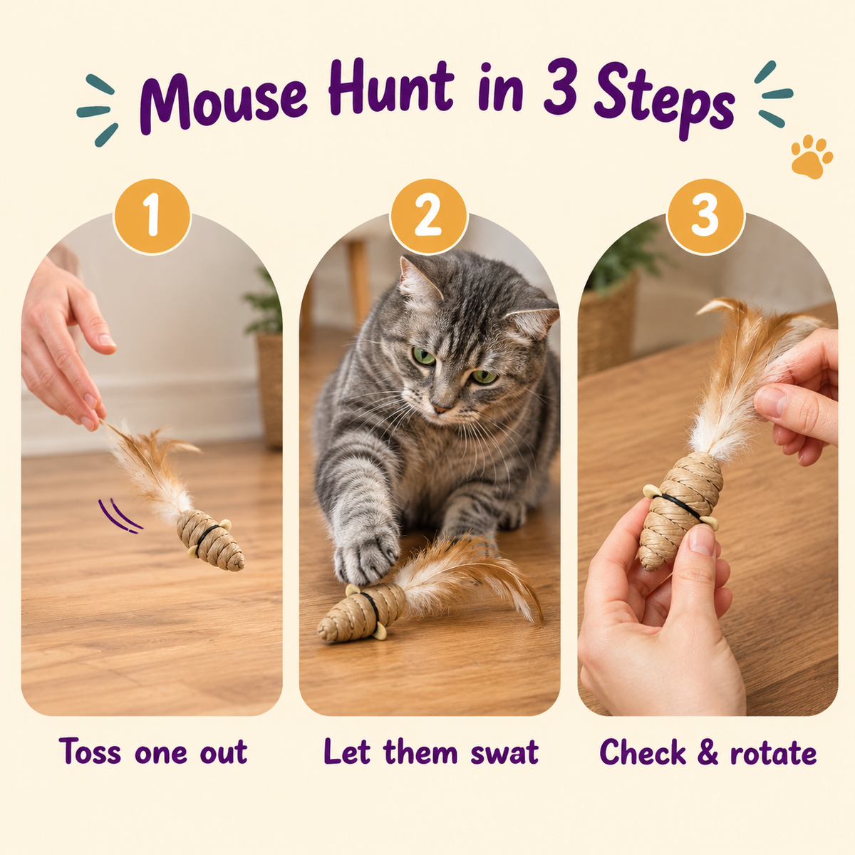 Mouse Hunt in 3 Steps: how to play with LitterBond Paper Rope Feather Mice