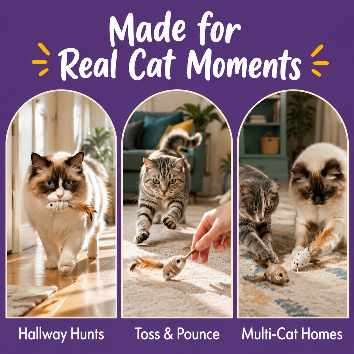 Real cat moments with LitterBond Paper Rope Feather Mice