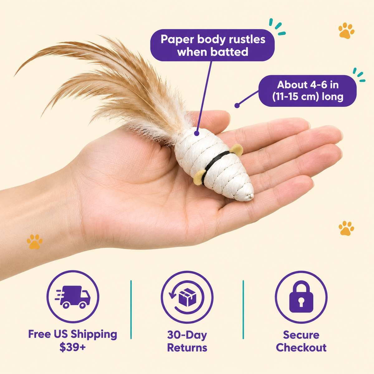 LitterBond Paper Rope Feather Mice in hand: Paper body rustles when batted; free US shipping on $39+, 30-day returns